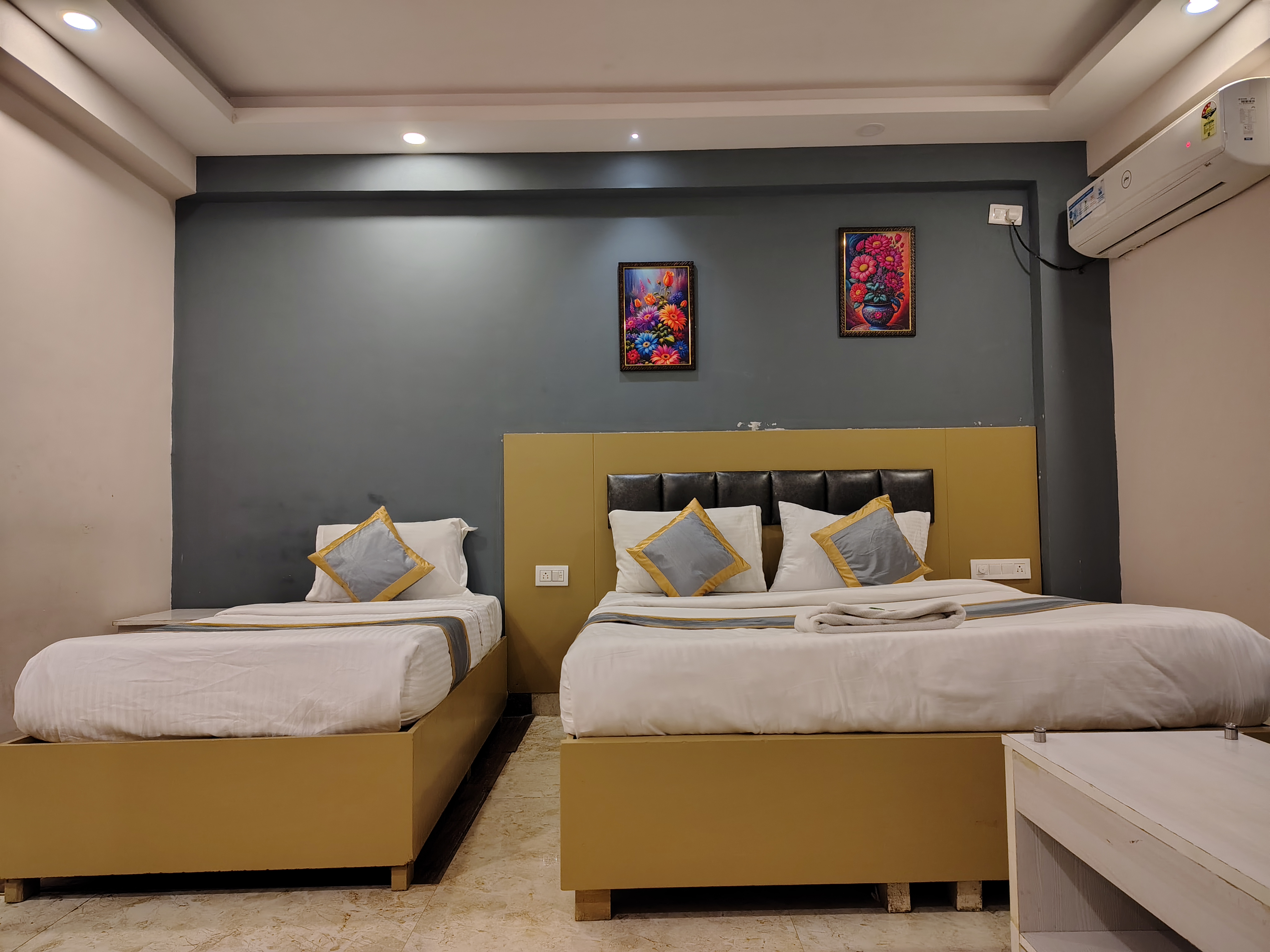 Room with large window and skyline view